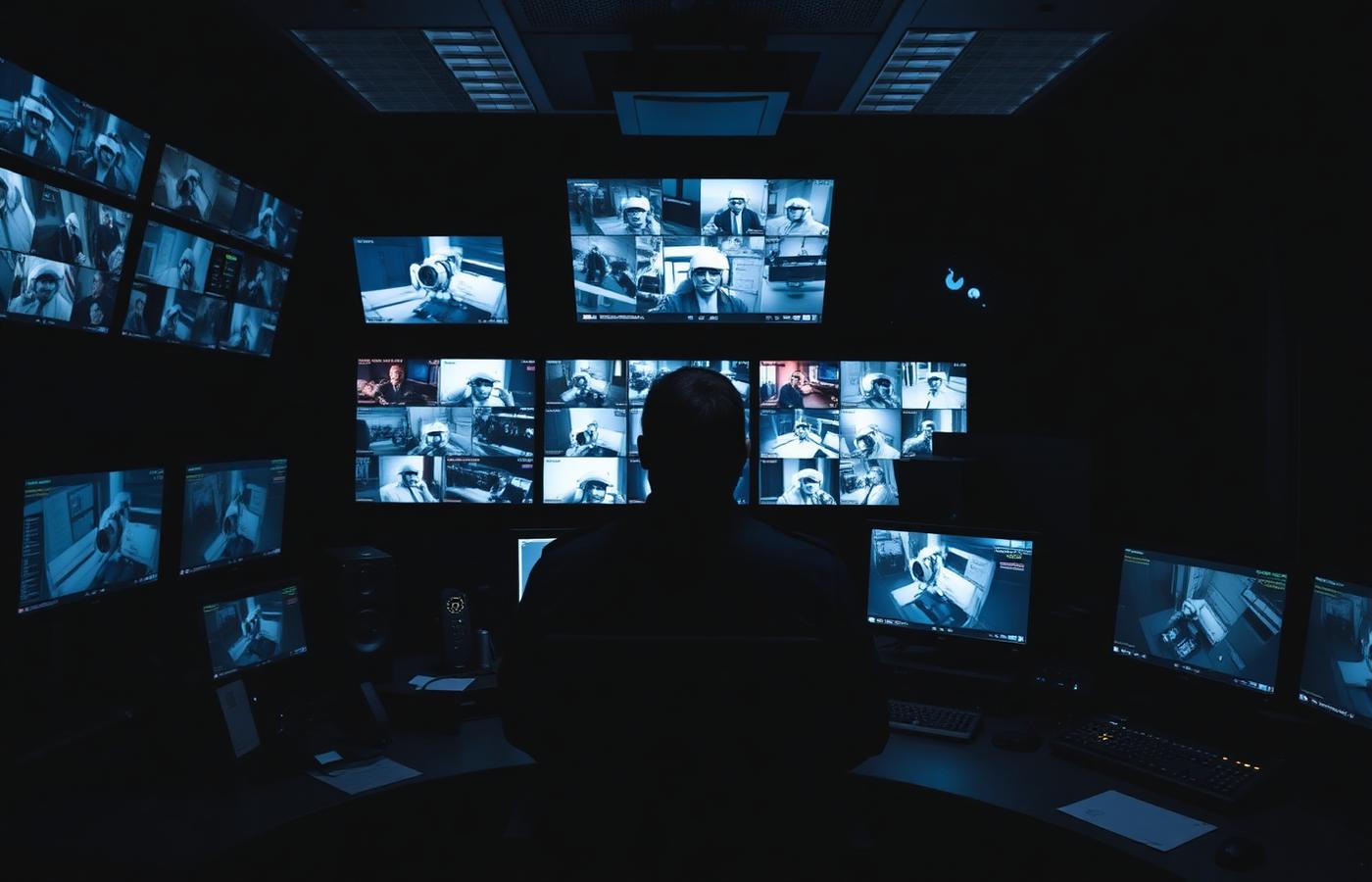 CCTV control room with an operator monitoring multiple camera feeds