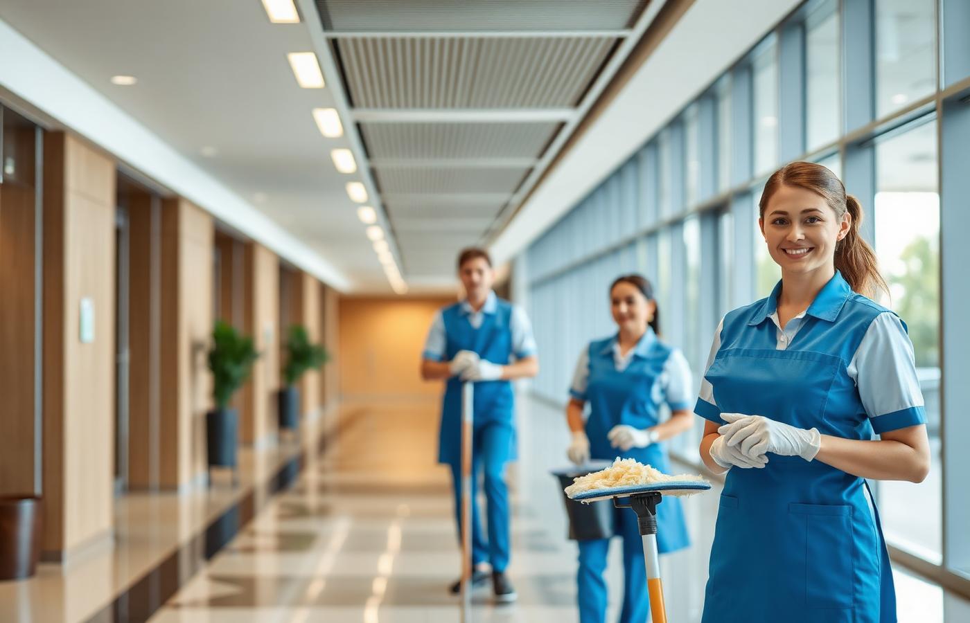 Uniformed housekeeping staff maintaining a corporate lobby