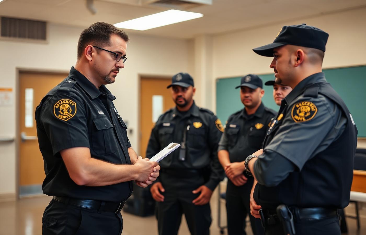 Security supervisor briefing uniformed trainees during a training session